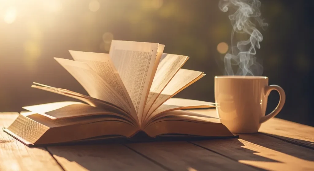 bíblia aberta ao lado de xícara de chá para oração da manhã