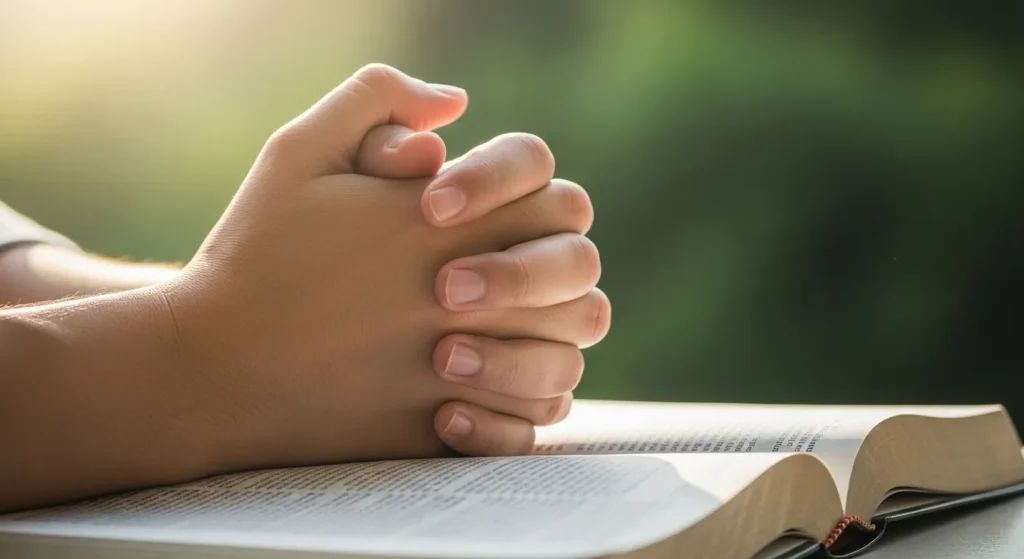 mãos em oração sobre bíblia aberta representando oração matinal e fé diária