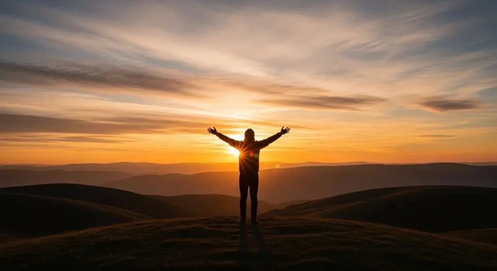 pessoa adorando a Deus ao amanhecer para proteção diária e blindagem espiritual