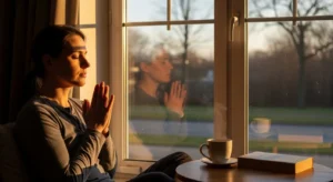 mulher fazendo oração matinal ao amanhecer com luz dourada pela janela